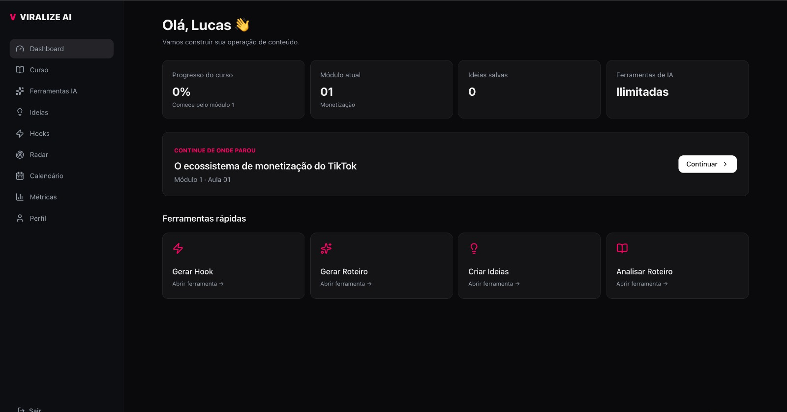 Dashboard da plataforma Viralize AI